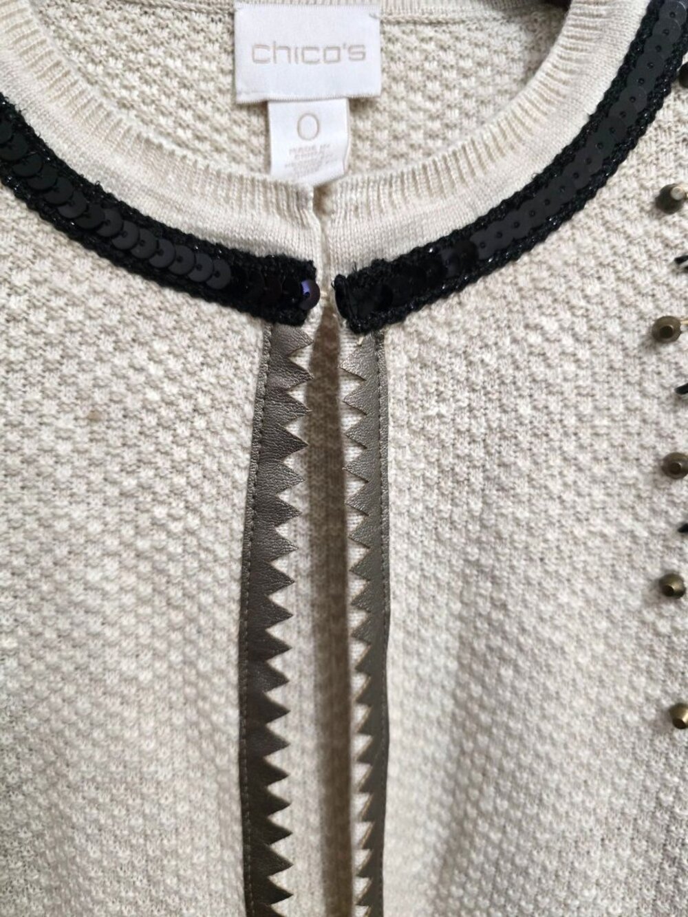 Chicos Size 0 Beige Beaded Embellished Cardigan Sweater Cotton Blend - Picture 4 of 13